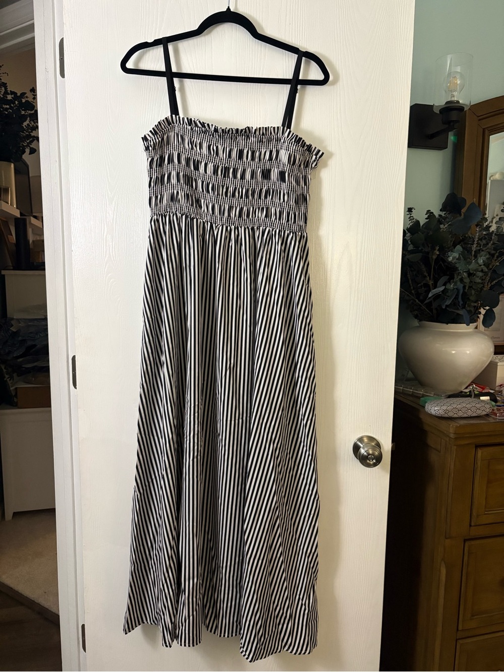 Black and White Striped Smocked Maxi Dress